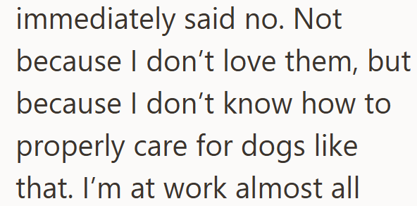 immediately said no. Not because I don't love them, but because I don't know how to properly care for dogs like that. I'm at work almost all
