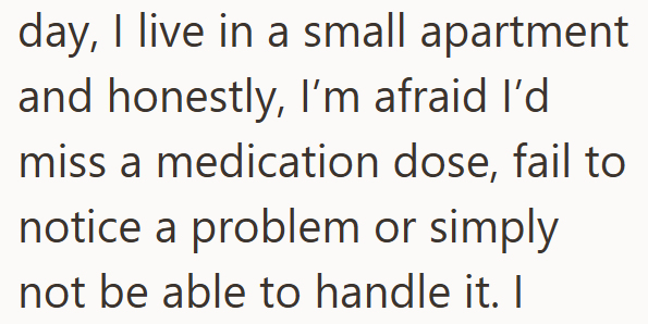 day, I live in a small apartment and honestly, I'm afraid I'd miss a medication dose, fail to notice a problem or simply not be able to handle it. I