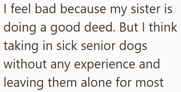 I feel bad because my sister is doing a good deed. But I think taking in sick senior dogs without any experience and leaving them alone for most