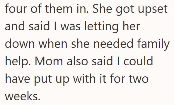 four of them in. She got upset and said I was letting her down when she needed family help. Mom also said I could have put up with it for two weeks.