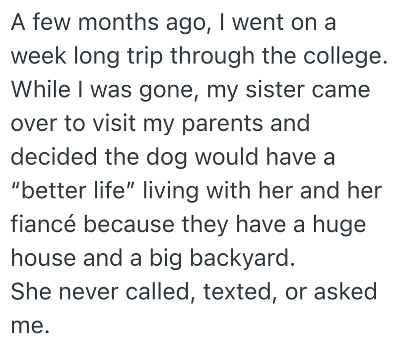 A few months ago, I went on a week long trip through the college. While I was gone, my sister came over to visit my parents and decided the dog would have a "better life" living with her and her fiancé because they have a huge house and a big backyard. She never called, texted, or asked me.
