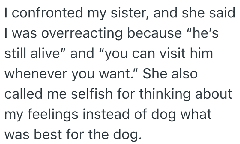 I confronted my sister, and she said I was overreacting because "he's still alive" and "you can visit him whenever you want." She also called me selfish for thinking about my feelings instead of dog what was best for the dog.