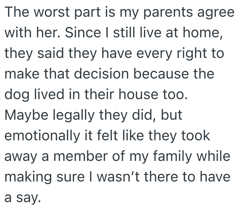 The worst part is my parents agree with her. Since I still live at home, they said they have every right to make that decision because the dog lived in their house too. Maybe legally they did, but emotionally it felt like they took away a member of my family while making sure I wasn't there to have a say.