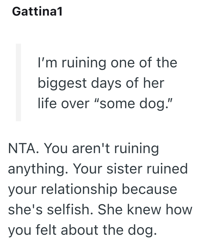 Gattina1 I'm ruining one of the biggest days of her life over "some dog." NTA. You aren't ruining anything. Your sister ruined your relationship because she's selfish. She knew how you felt about the dog.