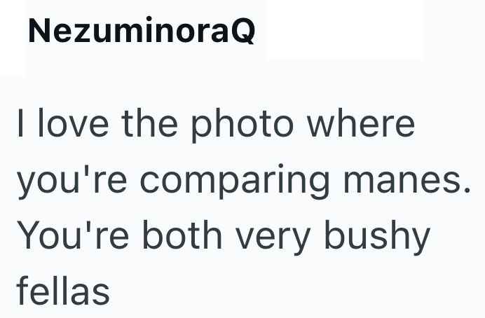 NezuminoraQ I love the photo where you're comparing manes. You're both very bushy fellas