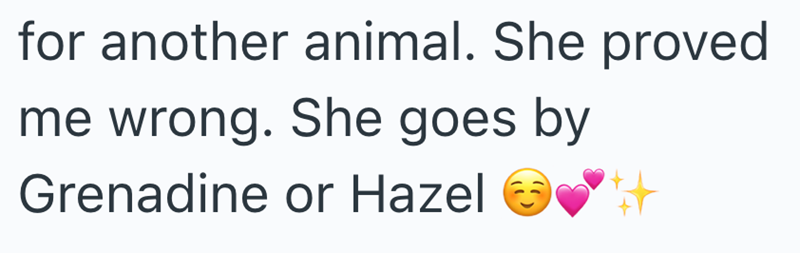 for another animal. She proved me wrong. She goes by Grenadine or Hazel