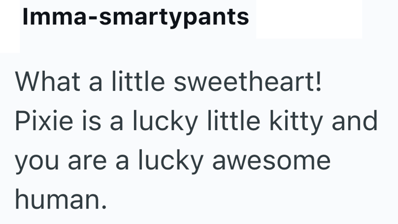 Imma-smartypants What a little sweetheart! Pixie is a lucky little kitty and you are a lucky awesome human.