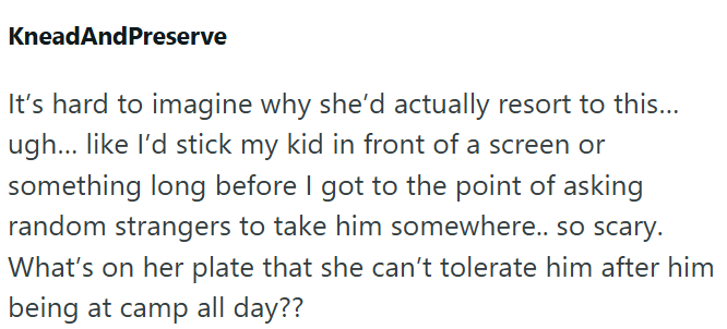 KneadAndPreserve It's hard to imagine why she'd actually resort to this... ugh... like I'd stick my kid in front of a screen or something long before I got to the point of asking random strangers to take him somewhere.. so scary. What's on her plate that she can't tolerate him after him being at camp all day??