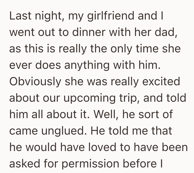 Last night, my girlfriend and I went out to dinner with her dad, as this is really the only time she ever does anything with him. Obviously she was really excited about our upcoming trip, and told him all about it. Well, he sort of came unglued. He told me that he would have loved to have been asked for permission before I