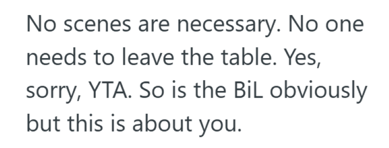 No scenes are necessary. No one needs to leave the table. Yes, sorry, YTA. So is the BiL obviously but this is about you.