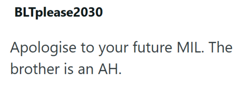 BLTplease2030 Apologise to your future MIL. The brother is an AH.