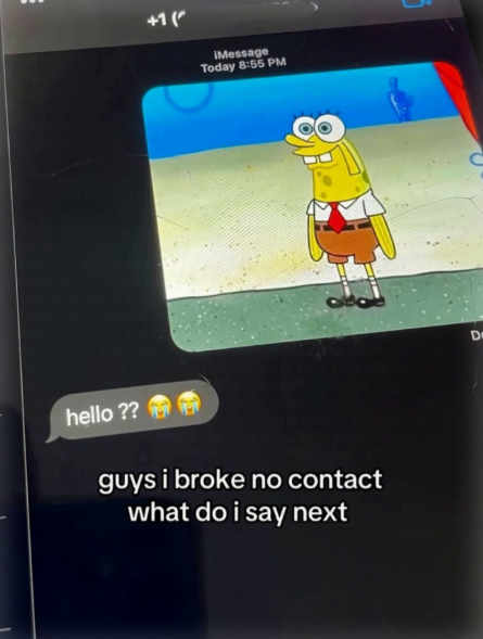 +1 ( hello?? iMessage Today 8:55 PM 5 guys i broke no contact what do i say next C D