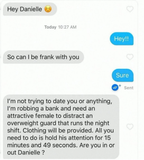 Hey Danielle Today 10:27 AM Hey!! So can I be frank with you Sure I'm not trying to date you or anything, I'm robbing a bank and need an attractive female to distract an overweight guard that runs the night shift. Clothing will be provided. All you need to do is hold his attention for 15 minutes and 49 seconds. Are you in or out Danielle ? Sent