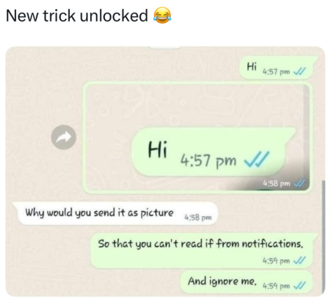 New trick unlocked Hi Hi 4:57 pm 4:57 pm 4:58 pm Why would you send it as picture 4:58 pm So that you can't read if from notifications. 4:59 pm And ignore me. 4:59pm