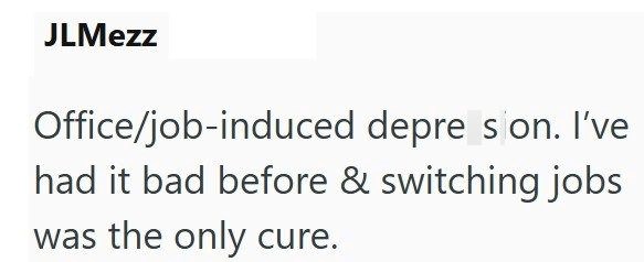 JLMezz Office/job-induced depre s on. I've had it bad before & switching jobs was the only cure.