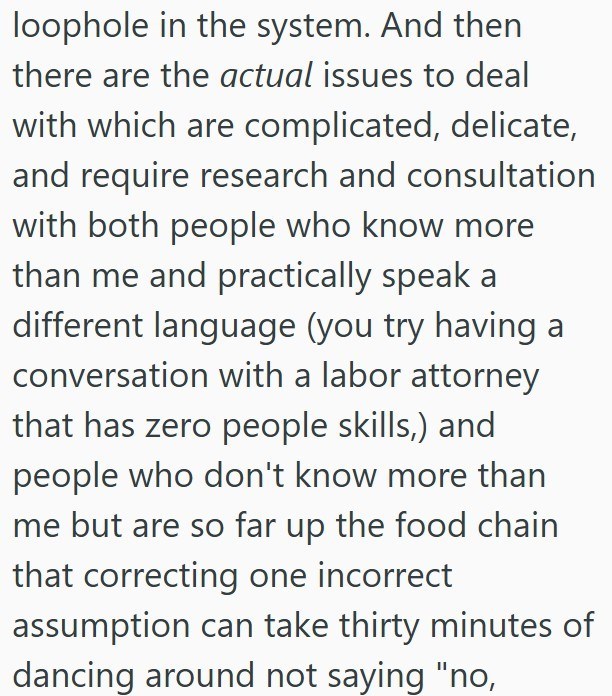 loophole in the system. And then there are the actual issues to deal with which are complicated, delicate, and require research and consultation with both people who know more than me and practically speak a different language (you try having a conversation with a labor attorney that has zero people skills,) and people who don't know more than me but are so far up the food chain that correcting one incorrect assumption can take thirty minutes of dancing around not saying "no,