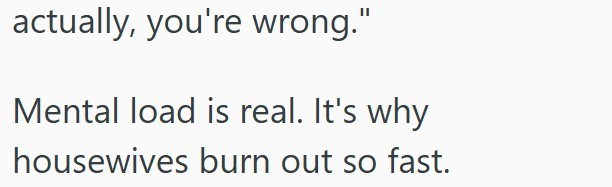 actually, you're wrong." Mental load is real. It's why housewives burn out so fast.