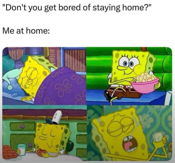 "Don't you get bored of staying home?" Me at home: