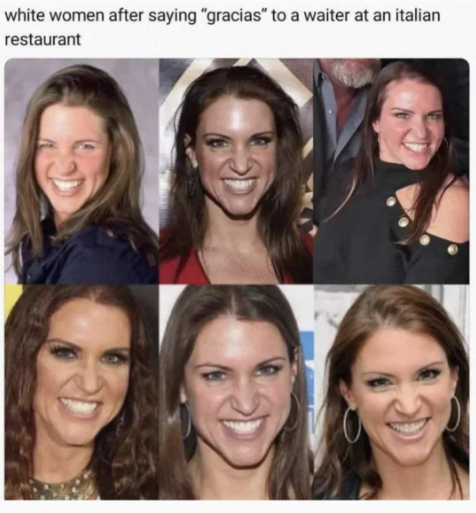 white women after saying "gracias" to a waiter at an italian restaurant