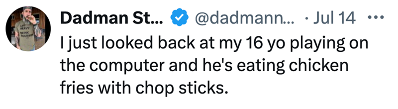 AVY OUR BO Dadman St... @dadmann... . Jul 14 *** I just looked back at my 16 yo playing on the computer and he's eating chicken fries with chop sticks.