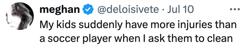 meghan @deloisivete Jul 10 • ... My kids suddenly have more injuries than a soccer player when I ask them to clean