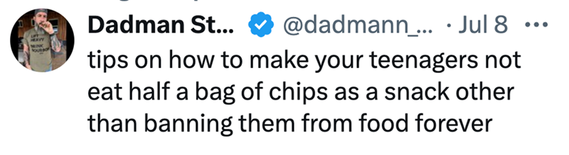 HEAVY Dadman St... @dadmann... Jul 8 ... tips on how to make your teenagers not eat half a bag of chips as a snack other than banning them from food forever