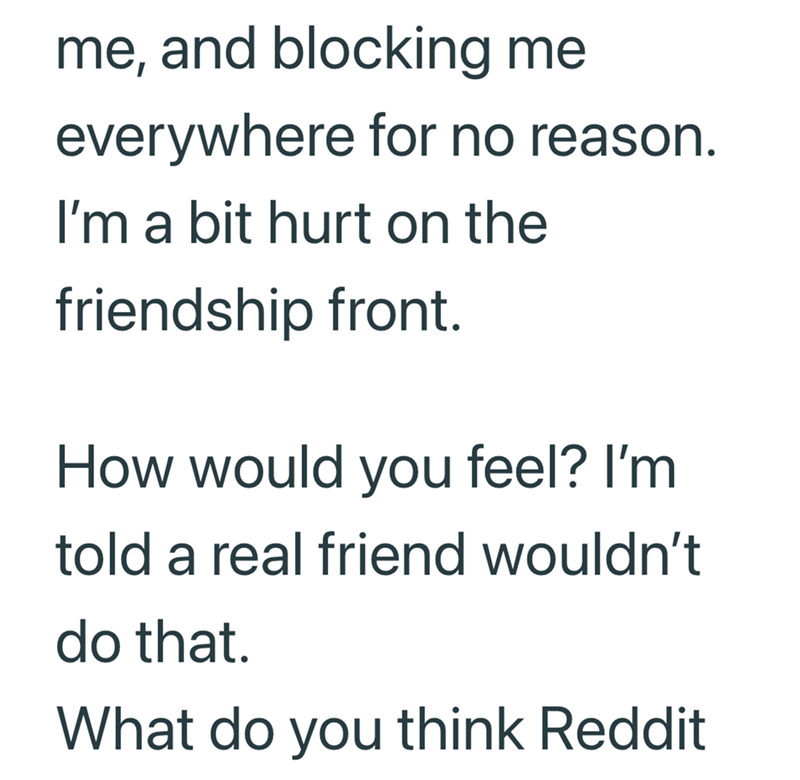 me, and blocking me everywhere for no reason. I'm a bit hurt on the friendship front. How would you feel? I'm told a real friend wouldn't do that. What do you think Reddit