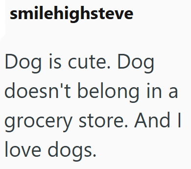 smilehighsteve Dog is cute. Dog doesn't belong in a grocery store. And I love dogs.