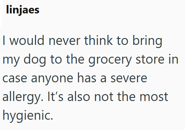 linjaes I would never think to bring my dog to the grocery store in case anyone has a severe allergy. It's also not the most hygienic.