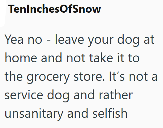 TenInchesOfSnow Yea no - leave your dog at home and not take it to the grocery store. It's not a service dog and rather unsanitary and selfish