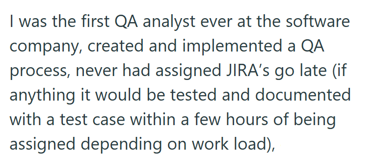 I was the first QA analyst ever at the software company, created and implemented a QA process, never had assigned JIRA's go late (if anything it would be tested and documented with a test case within a few hours of being assigned depending on work load),