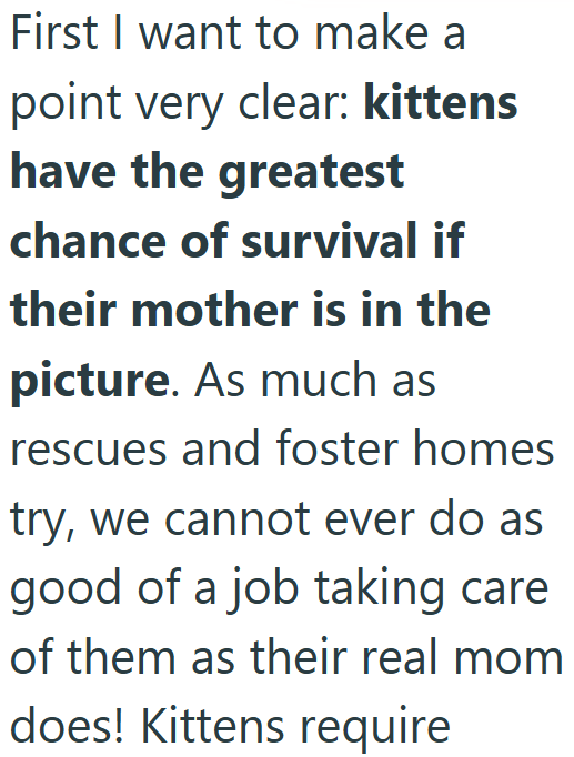 First I want to make a point very clear: kittens have the greatest chance of survival if their mother is in the picture. As much as rescues and foster homes try, we cannot ever do as good of a job taking care of them as their real mom does! Kittens require