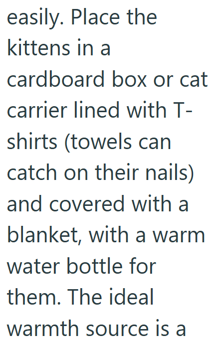 easily. Place the kittens in a cardboard box or cat carrier lined with T- shirts (towels can catch on their nails) and covered with a blanket, with a warm water bottle for them. The ideal warmth source is a