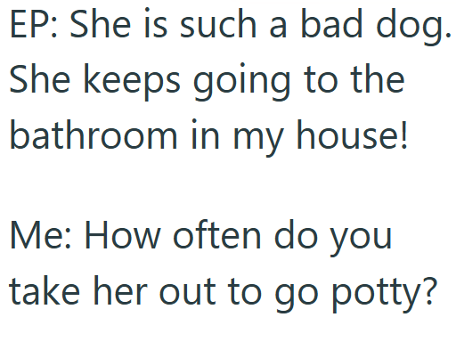 EP: She is such a bad dog. She keeps going to the bathroom in my house! Me: How often do you take her out to go potty?