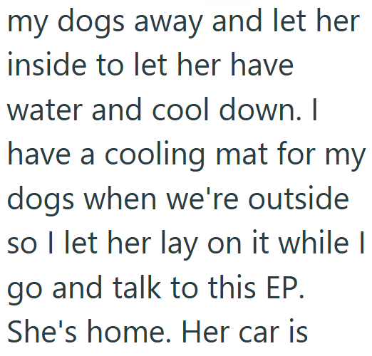 my dogs away and let her inside to let her have water and cool down. I have a cooling mat for my dogs when we're outside so I let her lay on it while I go and talk to this EP. She's home. Her car is