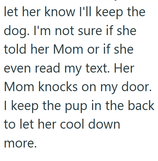 let her know I'll keep the dog. I'm not sure if she told her Mom or if she even read my text. Her Mom knocks on my door. I keep the pup in the back to let her cool down more.