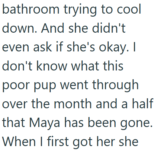 bathroom trying to cool down. And she didn't even ask if she's okay. I don't know what this poor pup went through over the month and a half that Maya has been gone. When I first got her she