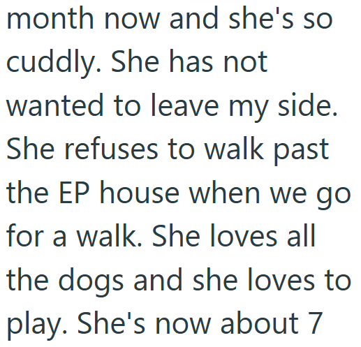 month now and she's so cuddly. She has not wanted to leave my side. She refuses to walk past the EP house when we go for a walk. She loves all the dogs and she loves to play. She's now about 7