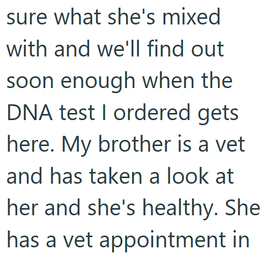 sure what she's mixed with and we'll find out soon enough when the DNA test I ordered gets here. My brother is a vet and has taken a look at her and she's healthy. She has a vet appointment in