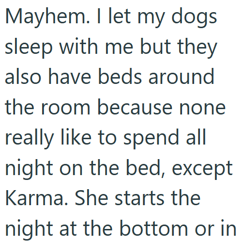 Mayhem. I let my dogs sleep with me but they also have beds around the room because none really like to spend all night on the bed, except Karma. She starts the night at the bottom or in