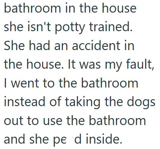 bathroom in the house she isn't potty trained. She had an accident in the house. It was my fault, I went to the bathroom instead of taking the dogs out to use the bathroom and she pe d inside.