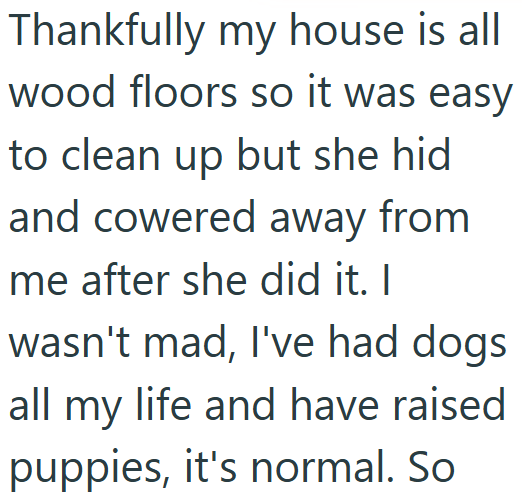 Thankfully my house is all wood floors so it was easy to clean up but she hid and cowered away from me after she did it. I wasn't mad, I've had dogs all my life and have raised puppies, it's normal. So