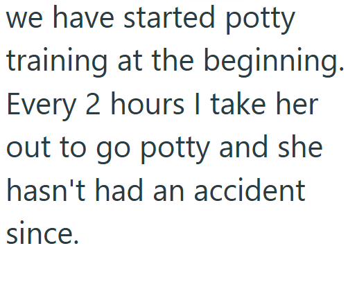 we have started potty training at the beginning. Every 2 hours I take her out to go potty and she hasn't had an accident since.