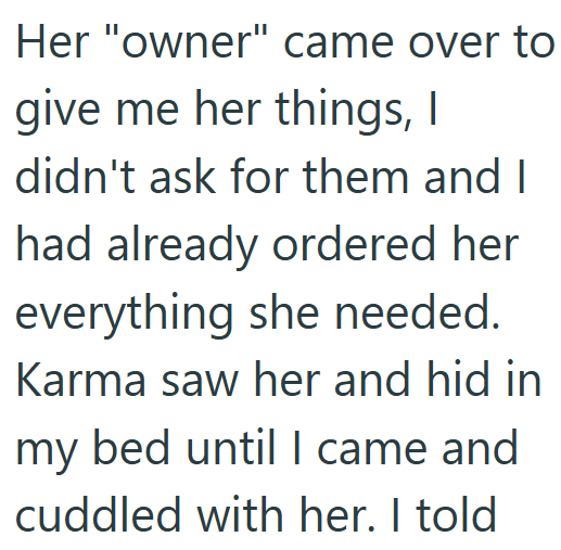 Her "owner" came over to give me her things, I didn't ask for them and I had already ordered her everything she needed. Karma saw her and hid in my bed until I came and cuddled with her. I told