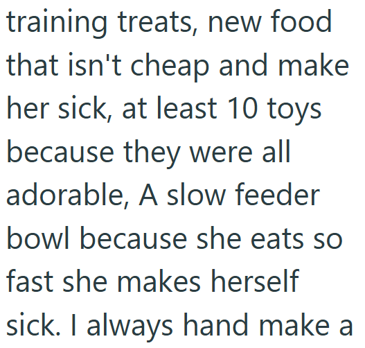 training treats, new food that isn't cheap and make her sick, at least 10 toys because they were all adorable, A slow feeder bowl because she eats so fast she makes herself sick. I always hand make a
