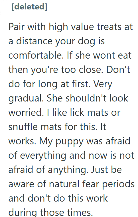 [deleted] Pair with high value treats at a distance your dog is comfortable. If she wont eat then you're too close. Don't do for long at first. Very gradual. She shouldn't look worried. I like lick mats or snuffle mats for this. It works. My puppy was afraid of everything and now is not afraid of anything. Just be aware of natural fear periods and don't do this work during those times.