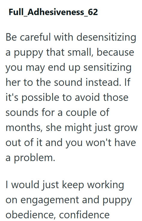 Full Adhesiveness_62 Be careful with desensitizing a puppy that small, because you may end up sensitizing her to the sound instead. If it's possible to avoid those sounds for a couple of months, she might just grow out of it and you won't have a problem. I would just keep working on engagement and puppy obedience, confidence