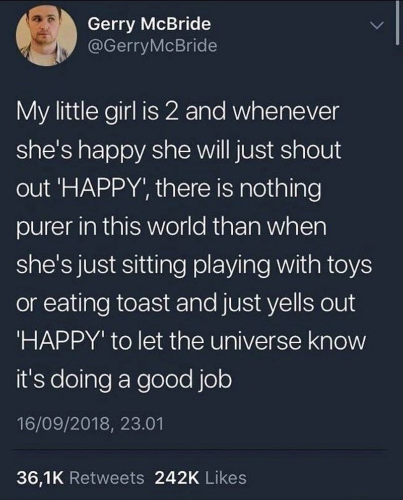 Gerry McBride @GerryMcBride My little girl is 2 and whenever she's happy she will just shout out 'HAPPY', there is nothing purer in this world than when she's just sitting playing with toys or eating toast and just yells out 'HAPPY' to let the universe know it's doing a good job 16/09/2018, 23.01 36,1K Retweets 242K Likes
