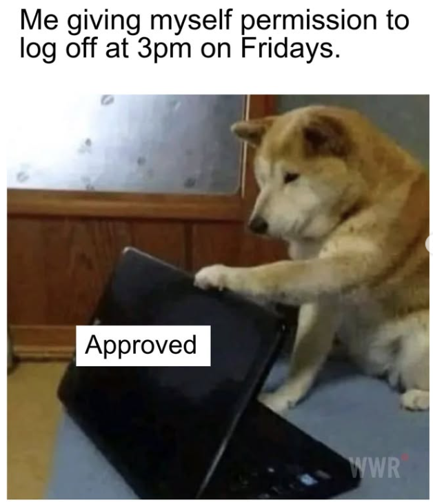 Me giving myself permission to log off at 3pm on Fridays. Approved WWR
