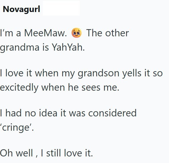 Novagurl I'm a MeeMaw. The other grandma is YahYah. I love it when my grandson yells it so excitedly when he sees me. I had no idea it was considered "'cringe'. Oh well, I still love it.